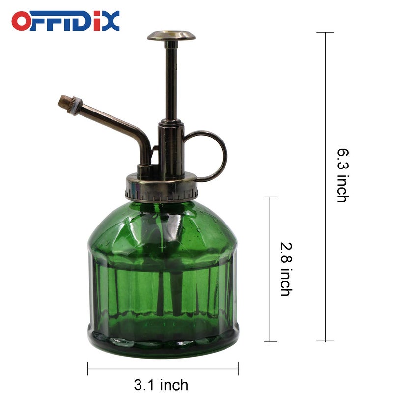 OFFIDIX Glass Plant Mister, 6.3 Inches Tall Vintage Style Spritzer Bronze Plastic Top Pump One Hand Watering Can Indoor Plant Spray Bottle for Garden, Plants, Cleaning (Dark Green) - Image 2